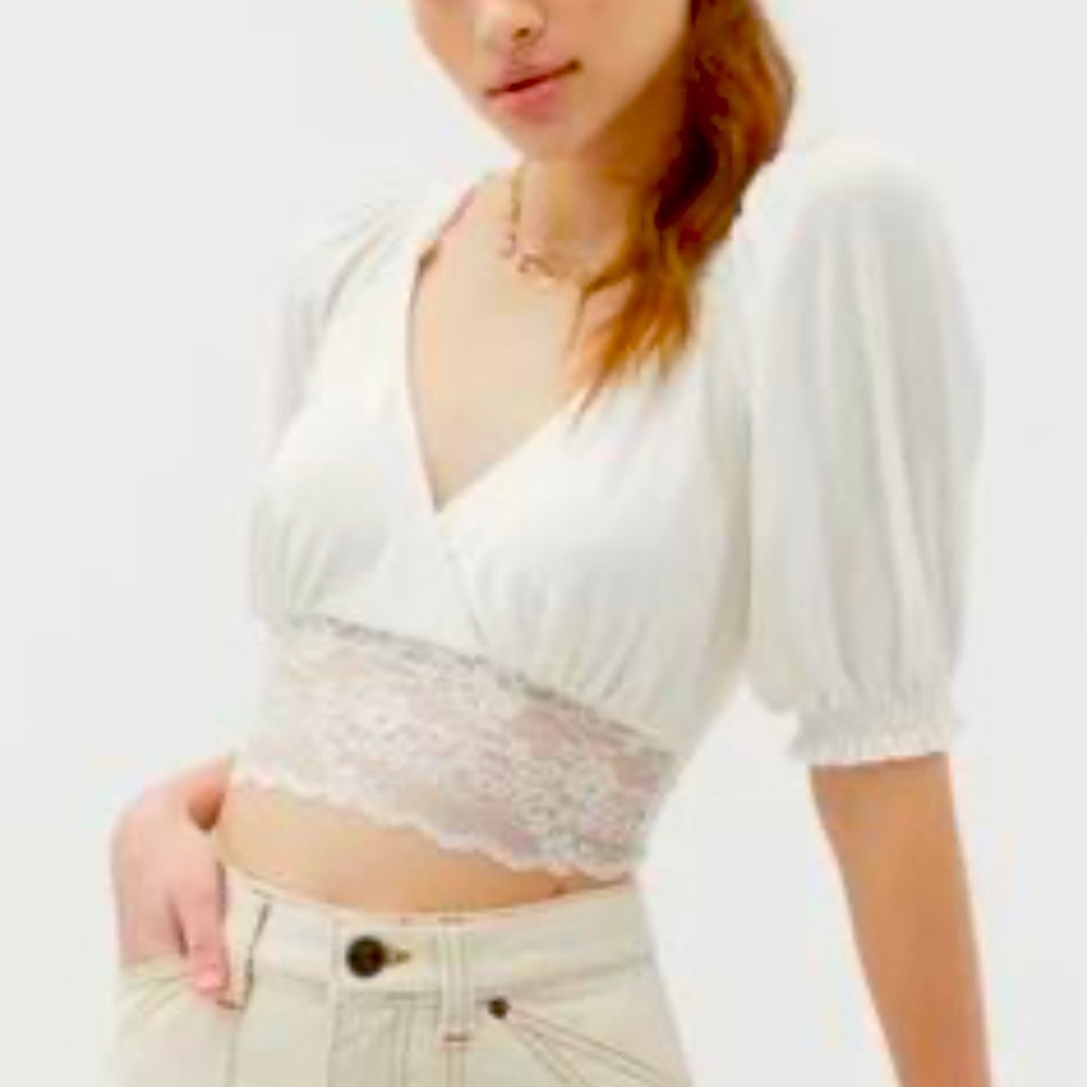 Urban Outfitters- NWOT- Cream Lace Trim Puff Sleeve Top